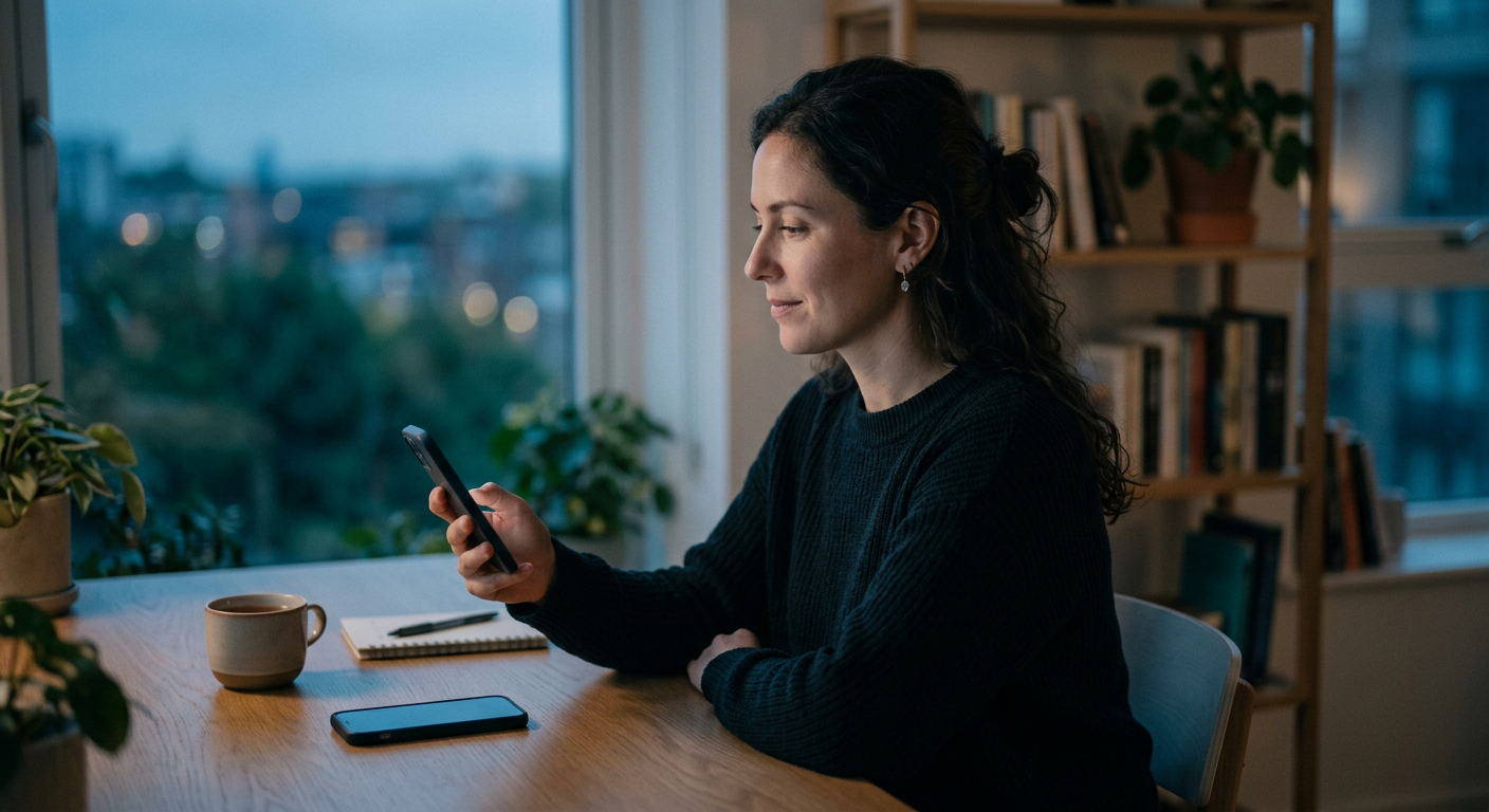 A person sits calmly at a home desk in the evening, checking their phone.