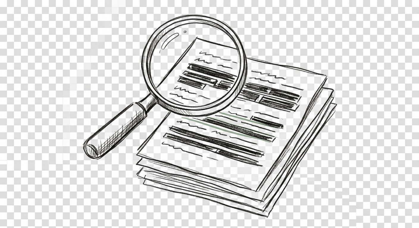 Sketch illustration of a magnifying glass reviewing a document with redacted lines.