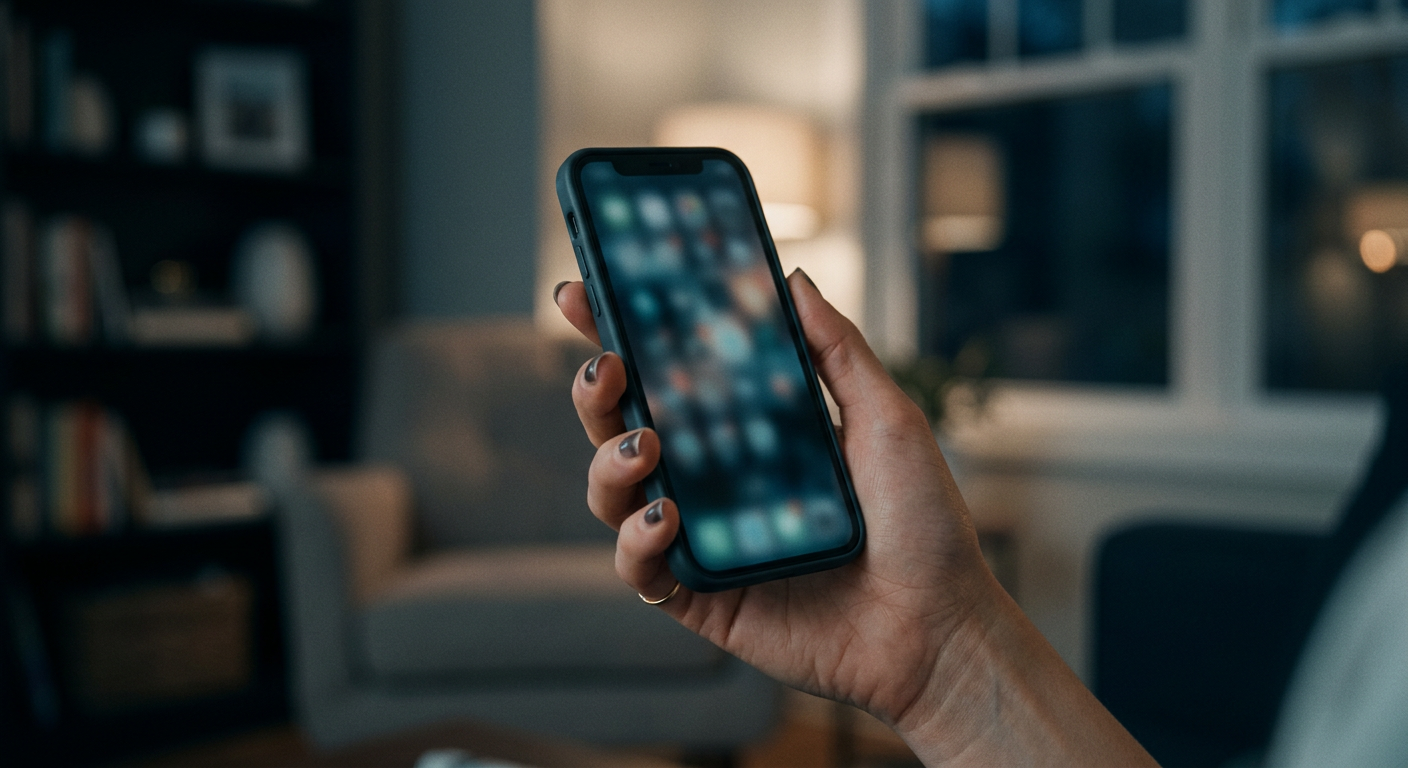 A hand holds a phone at home in the evening, screen lit with notifications.