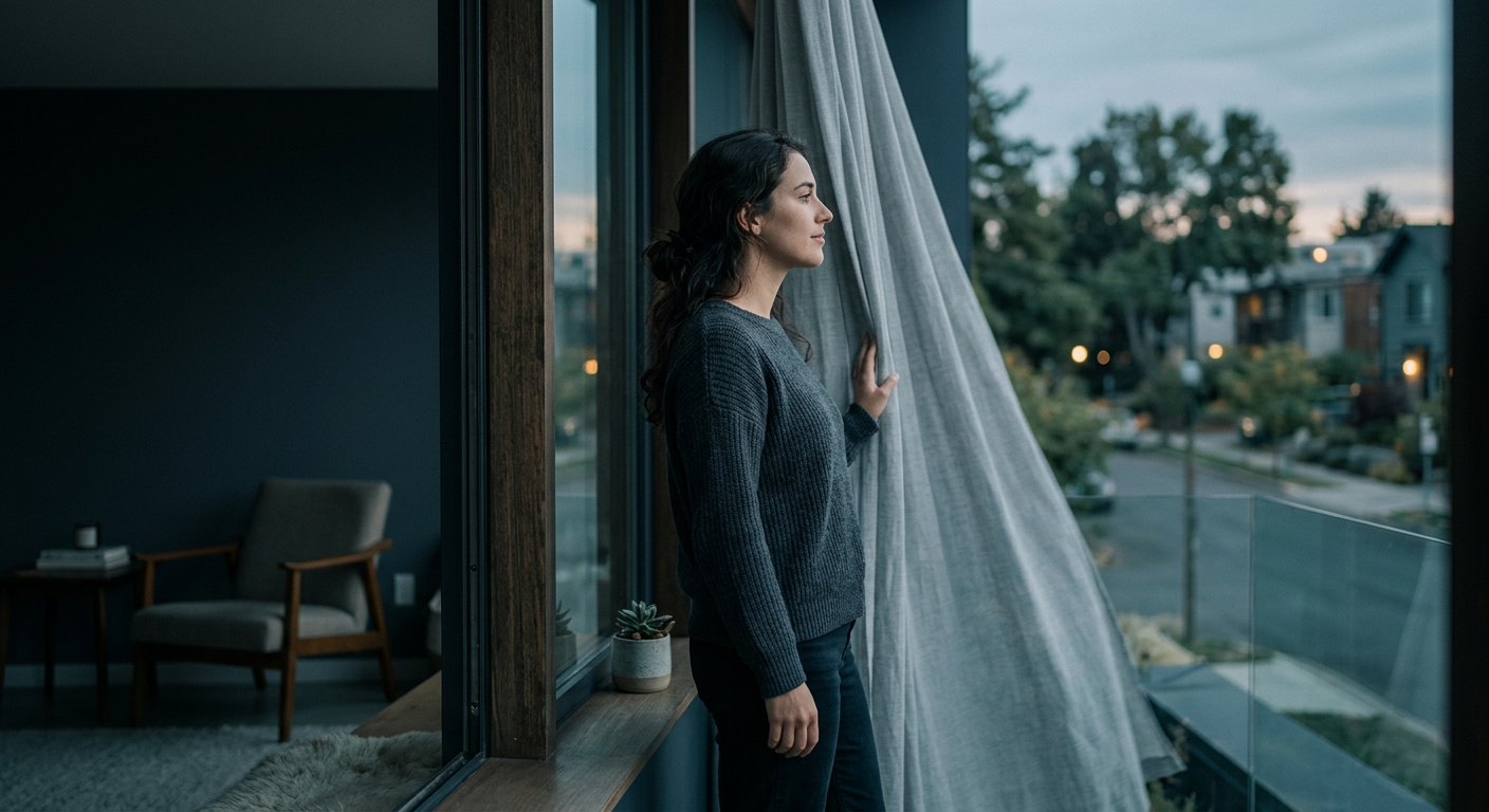 A person stands calmly by a window at home in the evening.